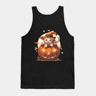 Kawaii cat witch on a halloween pumpkin Tank Top